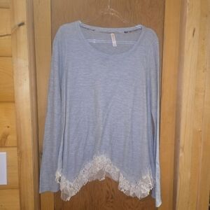 New xhilaration large rayon blend gray acemetrical lace hem long tunic top